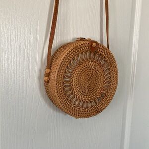 Vintage Round Rattan Wicker Woven Circular Crossbody Bag